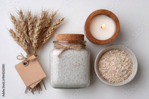 Natural spa ingredients including bath salts dried wheat a candle and a bowl of oats