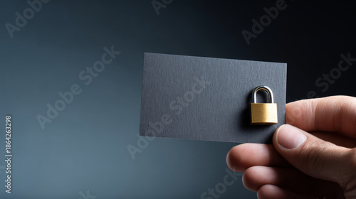A hand holding a black card with a padlock on it, symbolizing security and privacy