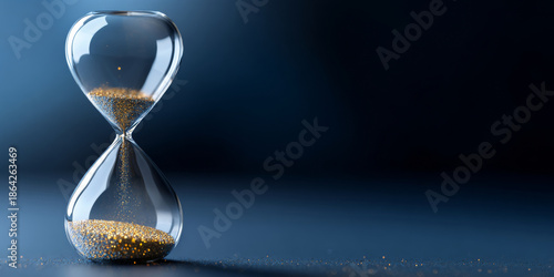 A sand timer is shown with golden glitter in it on a dark surface and blue background