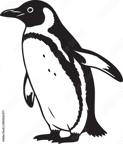 Cute cartoon penguin vector illustration of a wild Antarctic bird isolated on a white background featuring a black silhouette with a yellow beak standing on cold winter ice and snow