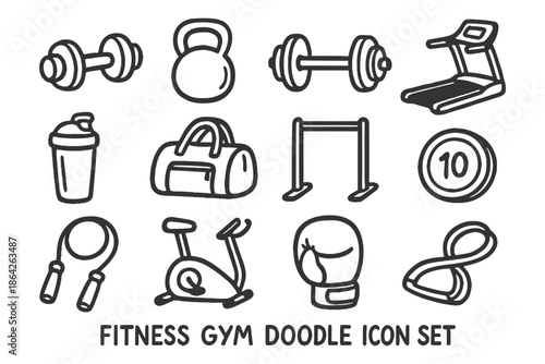 Fitness gym doodle icon set: dumbbells, kettlebell, treadmill, boxing gloves, jump rope.