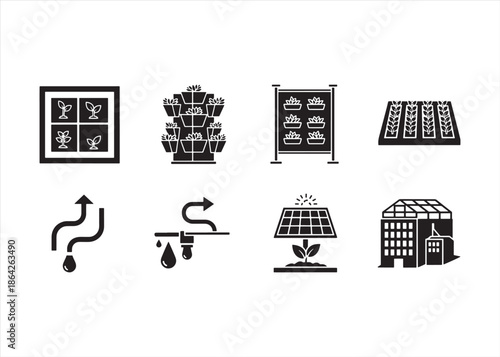 Urban Agriculture Silhouette Icon Set with Rooftop Garden, Vertical Planter and Sustainable Farming Elements