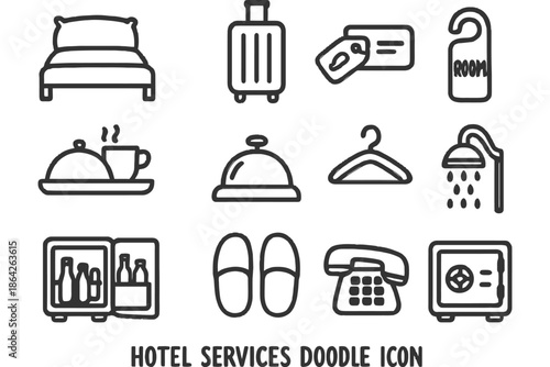 Hotel services doodle icons: bed, luggage, bell, hanger, shower, safe.