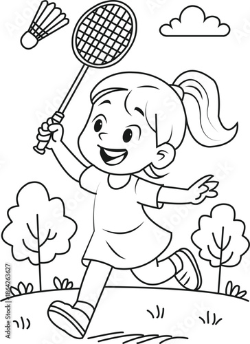 Joyful badminton themed coloring page illustration