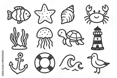 Hand-drawn nautical doodles: sea life, waves, and maritime symbols.