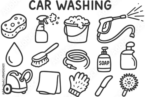Car washing tools: sponge, soap, bucket, spray, brush, hose, vacuum.