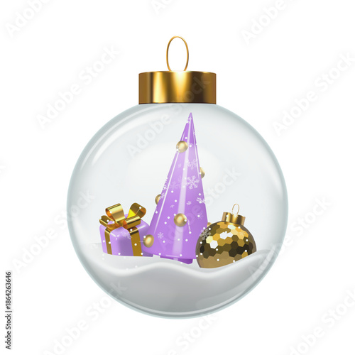Festive Transparent Christmas Ornament Filled with Purple Tree, Gift Box, and Glittery Bauble on Snow