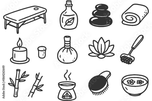 Spa and wellness items: massage table, oils, stones, candle, bamboo, lotus, herbal compress.