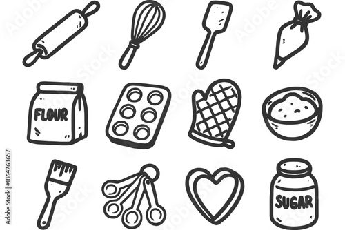 Hand-drawn baking tools: rolling pin, whisk, and more kitchen essentials.