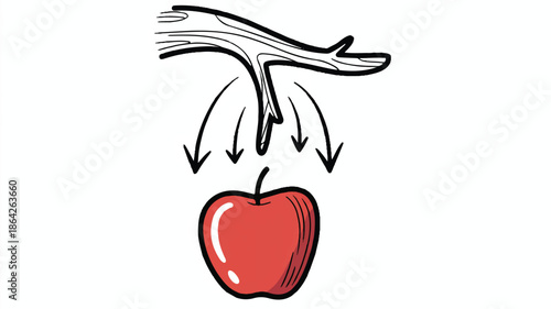 Cartoon apple falling from tree branch with arrows