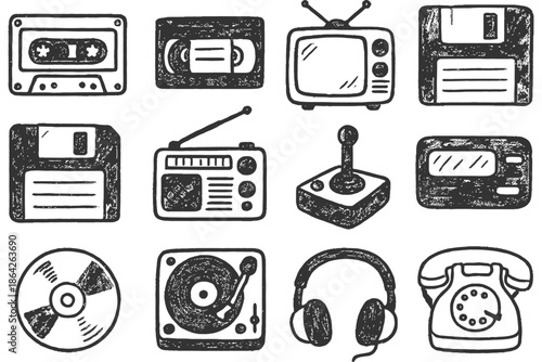 Retro technology icons: cassette, vhs, tv, floppy, radio, joystick, cd, turntable, headphones, telephone.