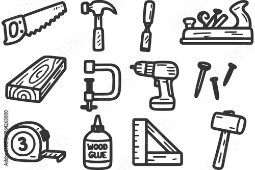 Hand-drawn woodworking tools collection with saw, hammer, and drill.