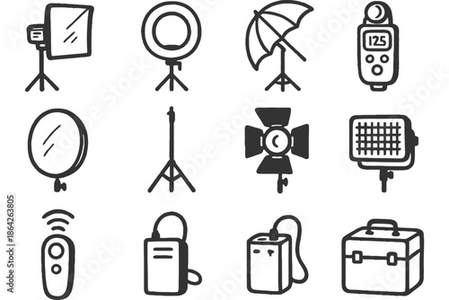 Hand-drawn photography equipment icons: lighting, reflectors, remote, cases.