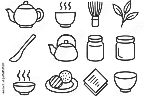 Minimalist tea utensil icons featuring teapots and bowls.