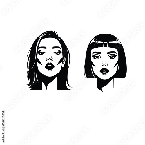 Two women faces with different hairstyles and makeup isolated on