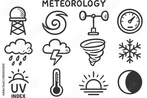 Weather symbols: meteorology icons including tornado, anemometer, and thermometer.