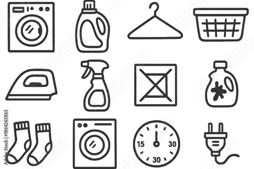 Laundry icon set: washer, detergent, iron, stain remover, dryer symbols.