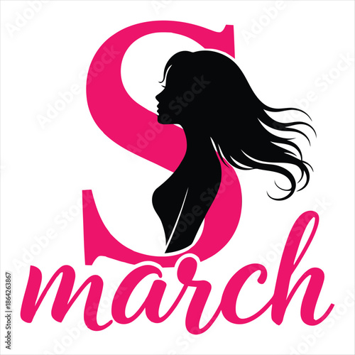 Pink letter s with woman silhouette and march text isolated on