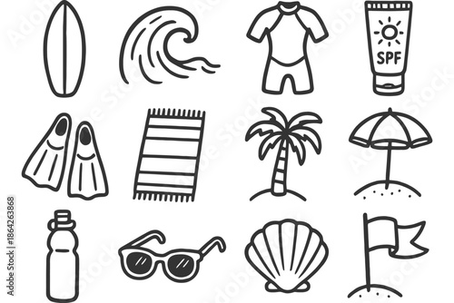 Summer beach essentials: surfboard, waves, swimsuit, and sun protection icons.