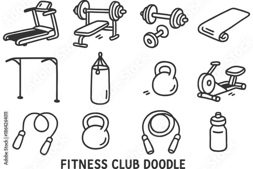 Fitness club doodle: gym equipment icons including treadmill, dumbbells, kettlebells, and jump rope.