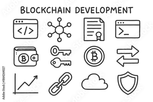 Blockchain development icons: wallet, keys, network, code, security, cloud.