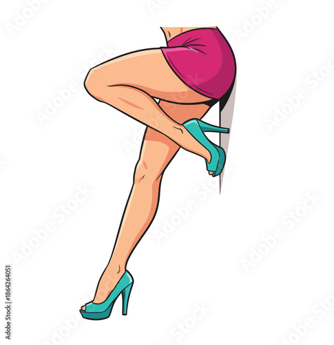 Sexy female legs in pink skirt and teal high heels leaning against wall, pop art vector illustration