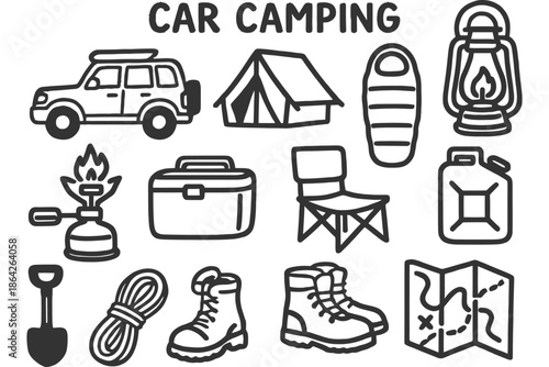 Car camping gear: tent, sleeping bag, lantern, stove, and more outdoor essentials.
