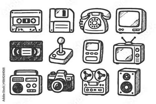 Retro technology icons: cassette, floppy disk, vintage phone, television, camera, joystick.