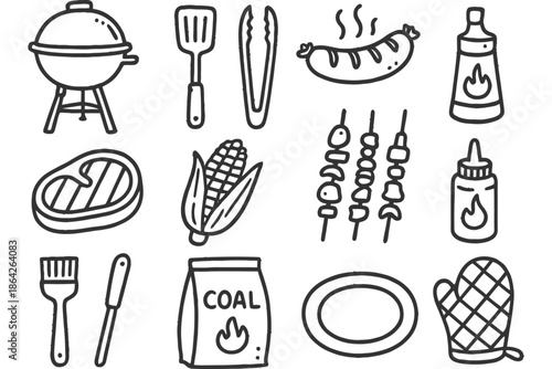 Hand-drawn bbq essentials: grill, sausages, utensils, and more for outdoor cooking.