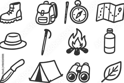 Outdoor adventure icons: camping gear, compass, map, and campfire.
