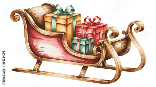 christmas sleigh with colorful gifts on white background