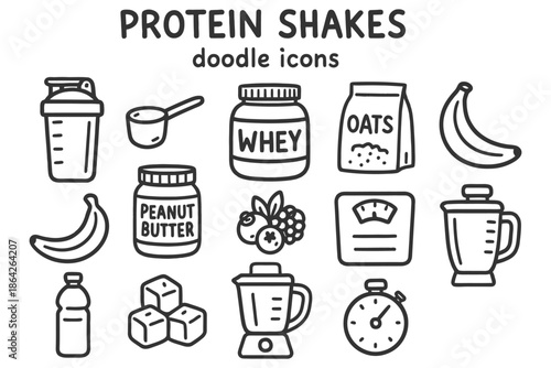 Doodle icons of protein shakes and ingredients with blender and timer.