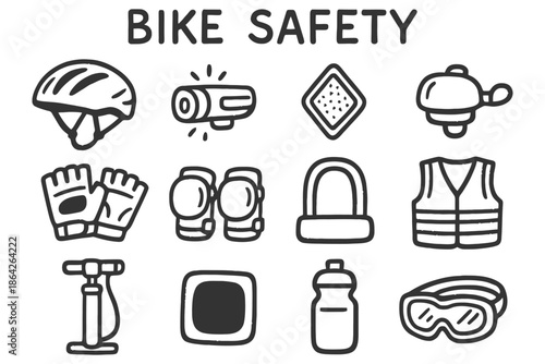 Essential bicycle safety gear icons: helmet, reflector, light, vest, gloves, bell.