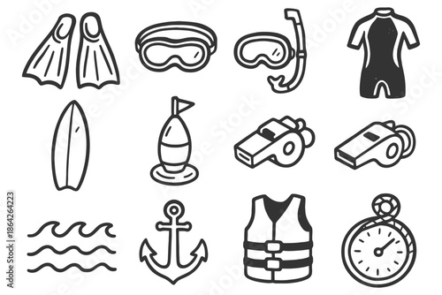 Set of nautical and water sports equipment icons in black and white.