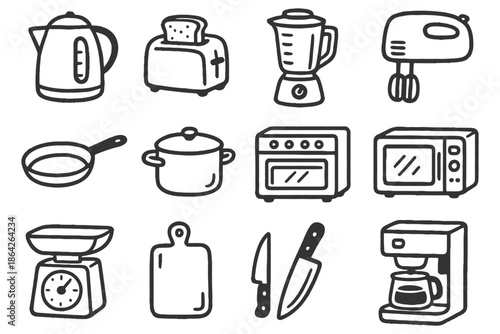 Hand-drawn kitchen appliance icons: kettle, toaster, blender, mixer, pan, pot.