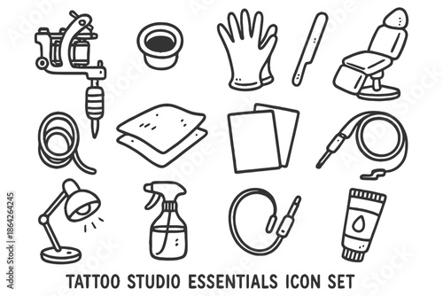 Tattoo studio essentials icon set featuring equipment and tools.