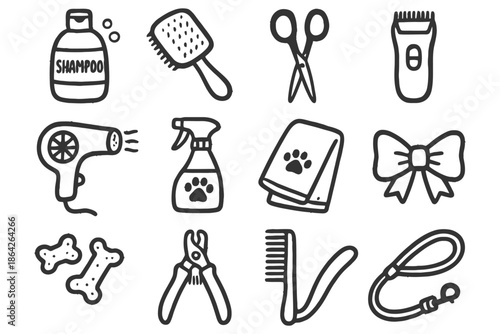 Pet grooming tools set: shampoo, brush, scissors, clipper, dryer, spray, towels, bow, bones, nail clipper, comb, leash.