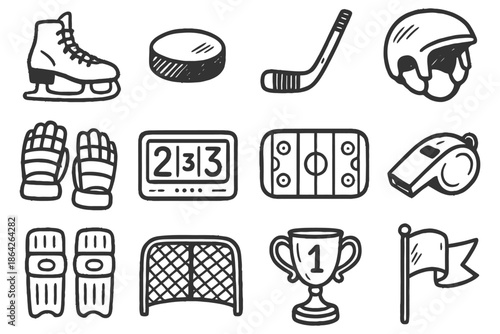Ice hockey equipment icons: skates, puck, stick, helmet, more.