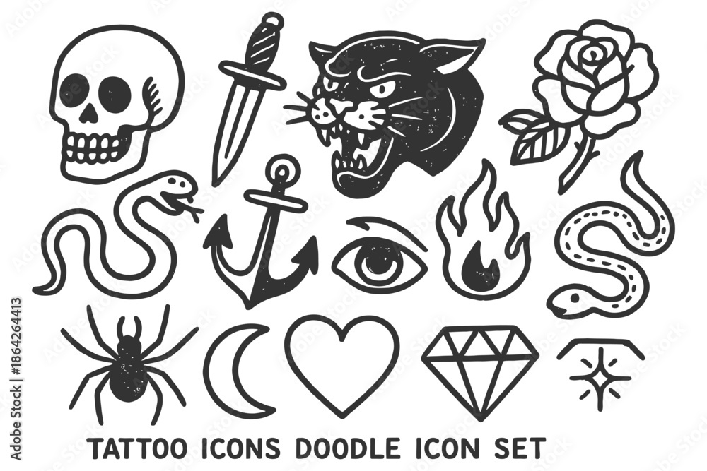 Fototapeta premium Tattoo icons doodle set: skull, panther, snake, rose, anchor, heart, diamond.