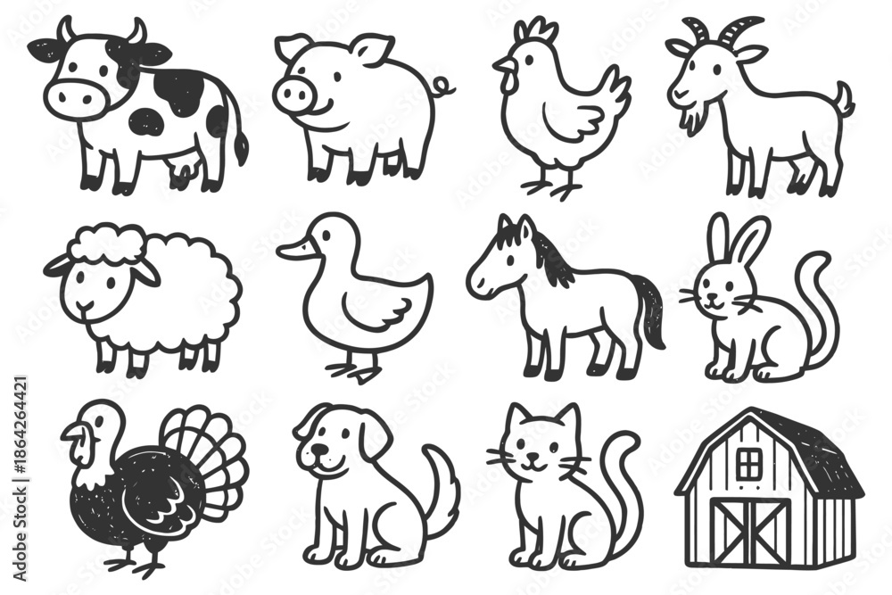 Obraz premium Cute farm animals illustrations featuring cow, pig, chicken, goat, sheep, duck, horse, rabbit, turkey, dog, cat, barn.