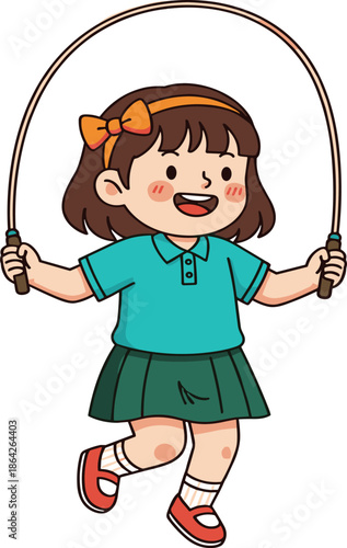 Cheerful young girl with orange bow skipping rope in playful cartoon vector style, enjoying outdoor fun and active healthy childhood exercise