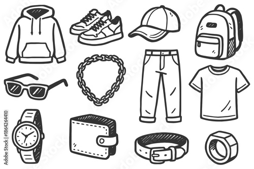 Casual clothing and accessories illustrated set: hoodie, sneakers, cap, jeans, t-shirt, backpack.