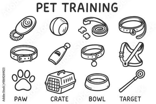 Pet training tools: collars, leashes, bowl, crate, clicker, harness for effective training.