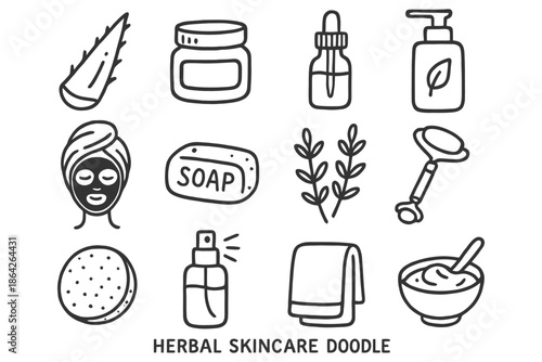 Herbal skincare doodles: aloe vera, serum, soap, natural remedies, beauty rituals.