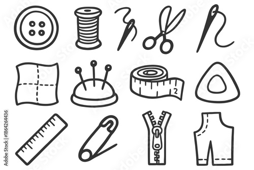 Sewing tools and supplies icons: needles, scissors, buttons, pins, thread, measuring tape.