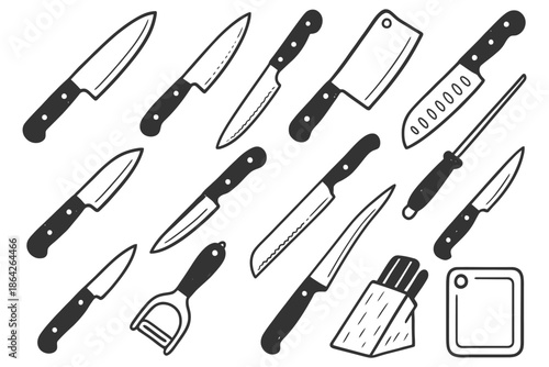 Assorted kitchen knives and tools black and white illustration.