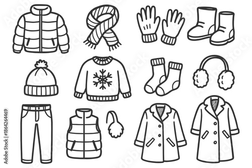 Hand-drawn winter clothing icons set with jackets, gloves, scarf, and boots.