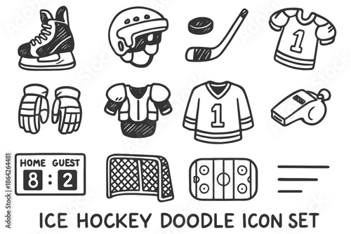 Ice hockey doodle icon set with gear and equipment illustrations.