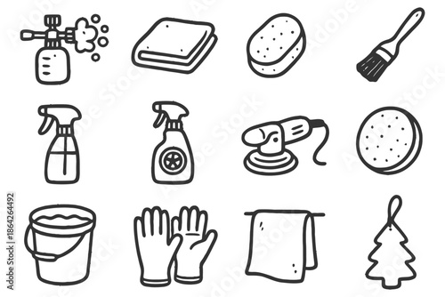 Hand-drawn car cleaning tools: sprayers, brushes, gloves & more.