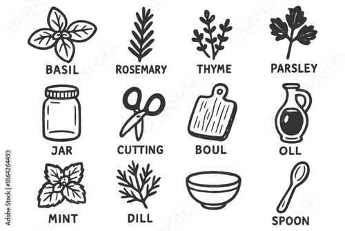 Herbs and kitchen tools icons: basil, rosemary, thyme, parsley, mint.